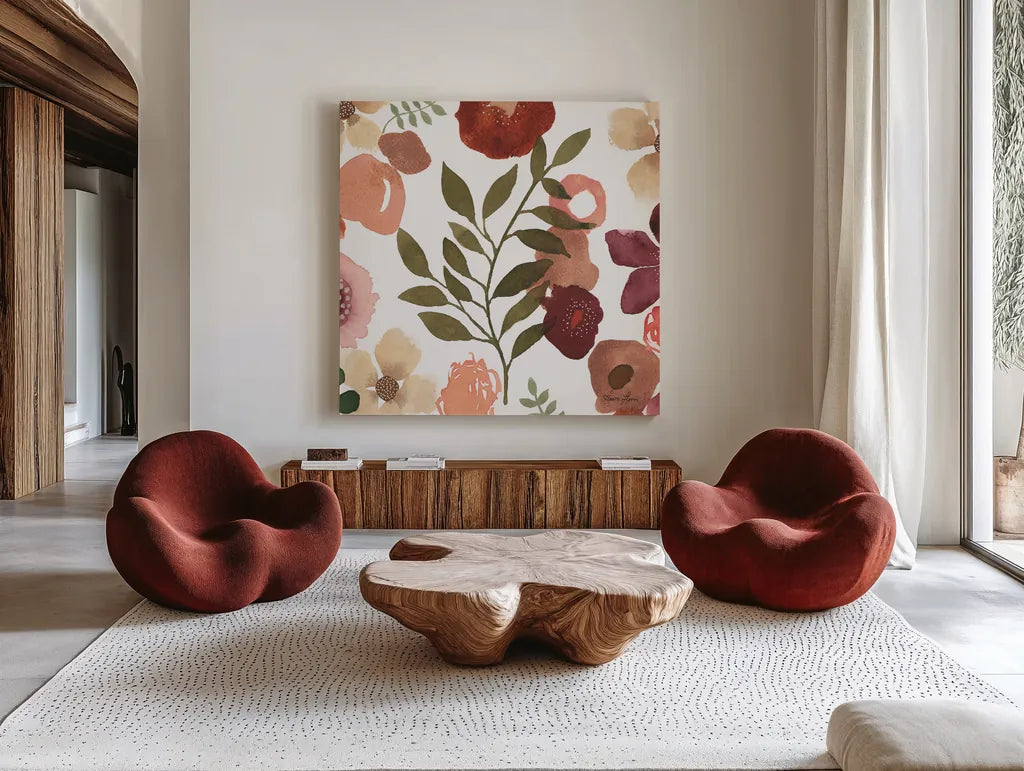 Garden Dance IV by Laura Horn. Shown as extra-large giant wall art in a modern living room. Available as an archival giclee rolled canvas, fine art paper, or poster print. SKU 72217a.