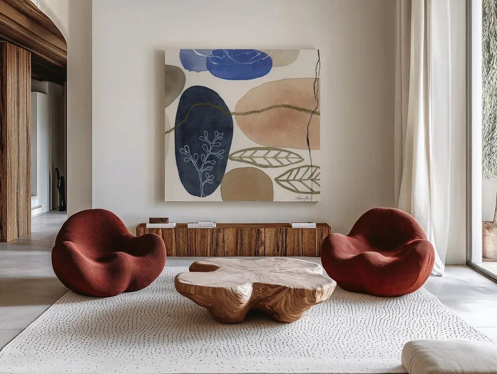 Leaves and Stones II by Laura Horn. Shown as extra-large giant wall art in a modern living room. Available as an archival giclee rolled canvas, fine art paper, or poster print. SKU 78484a.