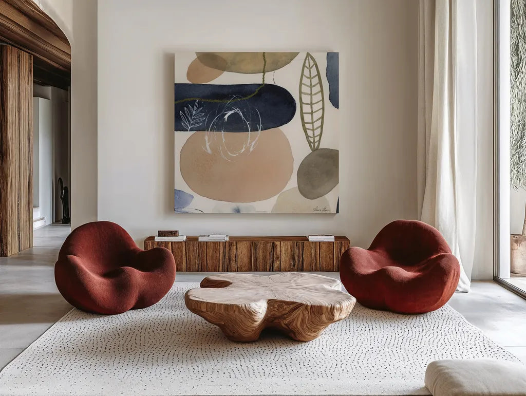 Leaves and Stones III by Laura Horn. Shown as extra-large giant wall art in a modern living room. Available as an archival giclee rolled canvas, fine art paper, or poster print. SKU 78485a.