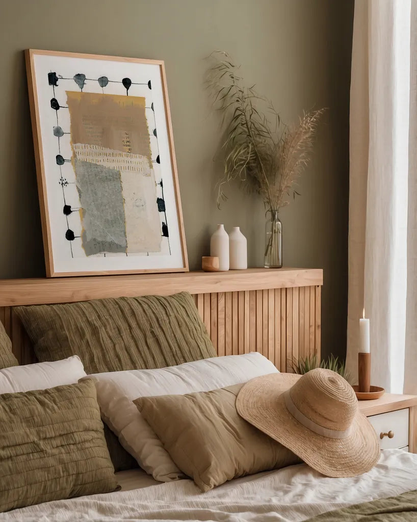 Neutral Collage II by Laura Horn. shown as a paper print in a natural frame. Available as a archival giclee rolled canvas, fine art paper, or poster print. SKU 73168h.