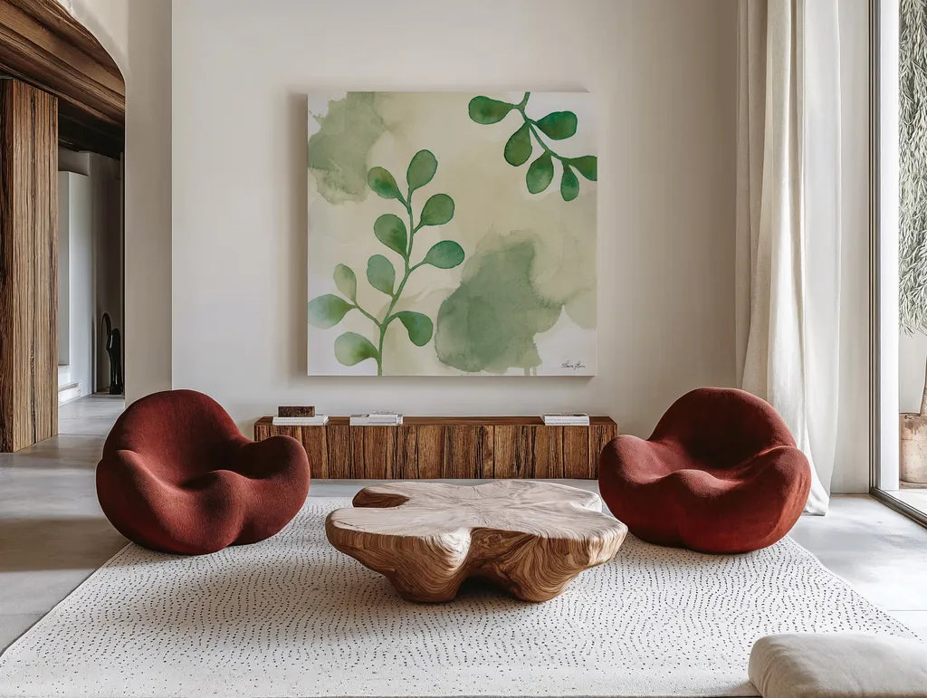 Woodland Walk II by Laura Horn. Shown as extra-large giant wall art in a modern living room. Available as an archival giclee rolled canvas, fine art paper, or poster print. SKU 72224a.