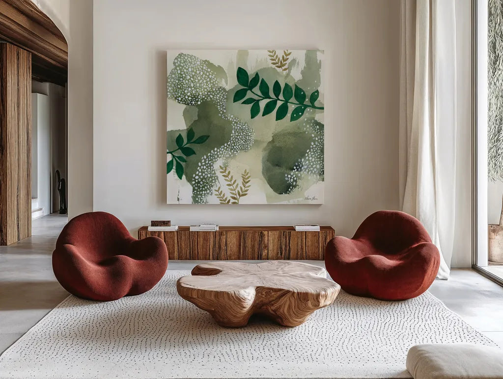 Woodland Walk IV by Laura Horn. Shown as extra-large giant wall art in a modern living room. Available as an archival giclee rolled canvas, fine art paper, or poster print. SKU 72226a.