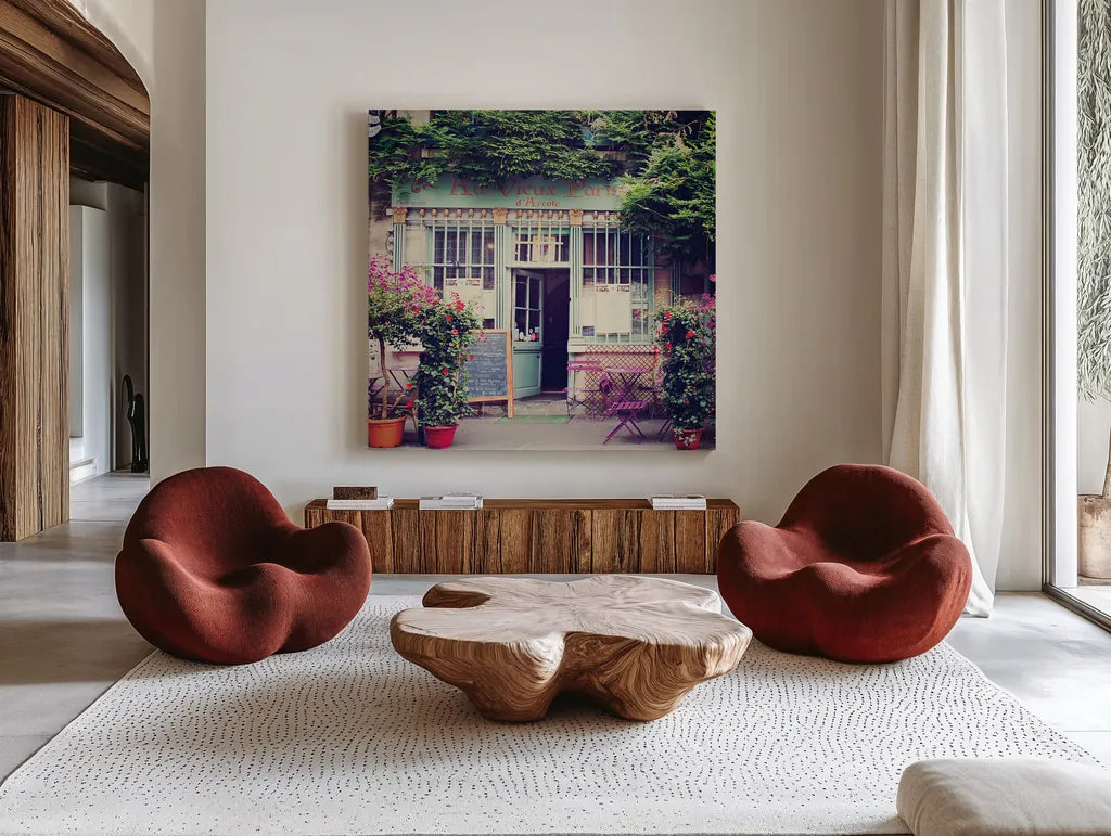 Au Vieux Paris by Laura Marshall. Shown as extra-large giant wall art in a modern living room. Available as an archival giclee rolled canvas, fine art paper, or poster print. SKU 21918a.