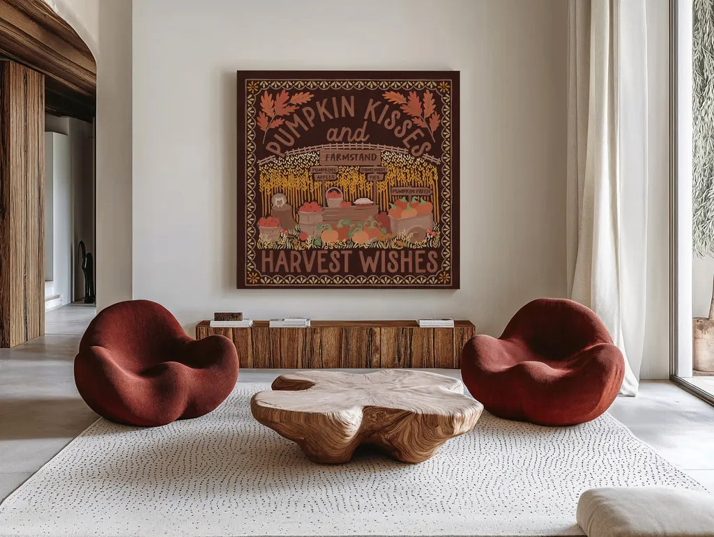 Autumn Days V Dark by Laura Marshall. Shown as extra-large giant wall art in a modern living room. Available as an archival giclee rolled canvas, fine art paper, or poster print. SKU 90594a.