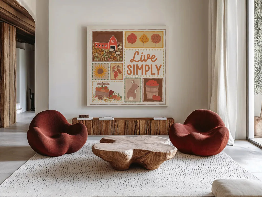 Autumn Days VII by Laura Marshall. Shown as extra-large giant wall art in a modern living room. Available as an archival giclee rolled canvas, fine art paper, or poster print. SKU 90585a.