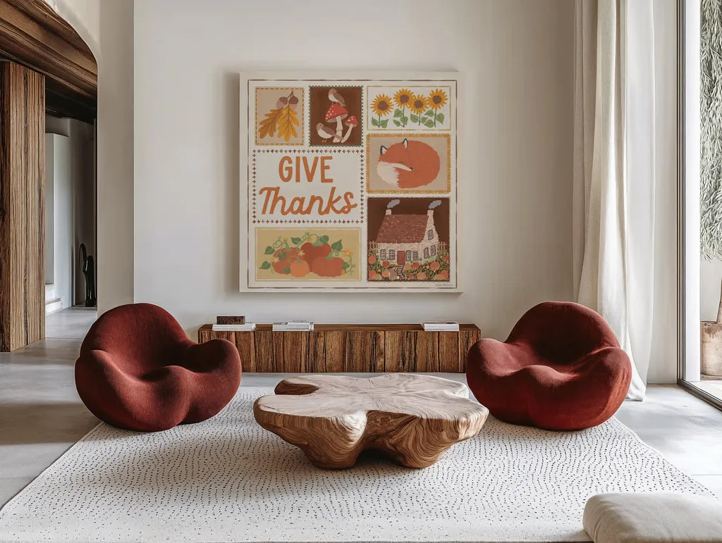 Autumn Days VIII by Laura Marshall. Shown as extra-large giant wall art in a modern living room. Available as an archival giclee rolled canvas, fine art paper, or poster print. SKU 90586a.