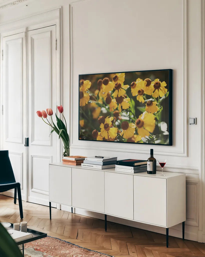 Autumn Flowers II by Laura Marshall. shown as a framed stretched canvas in a living room above a console. Available as a archival giclee rolled canvas, fine art paper, or poster print. SKU 63258i.