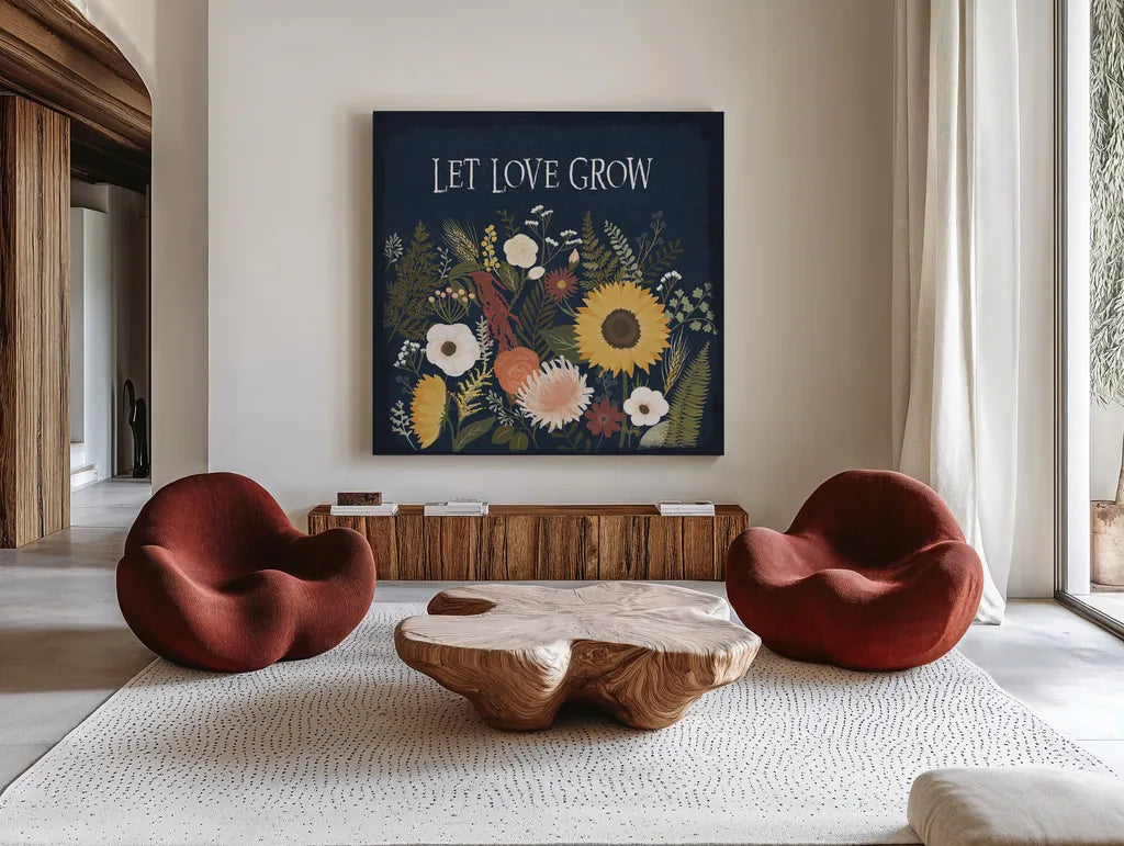 Autumn Romance I by Laura Marshall. Shown as extra-large giant wall art in a modern living room. Available as an archival giclee rolled canvas, fine art paper, or poster print. SKU 38456a.