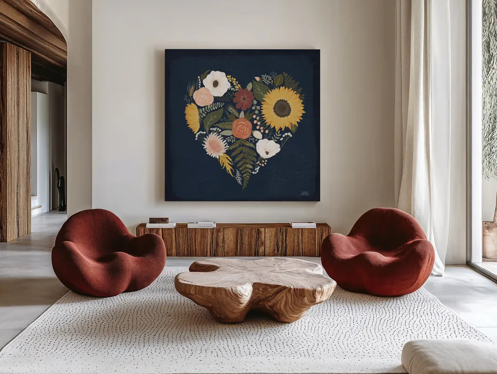 Autumn Romance IX by Laura Marshall. Shown as extra-large giant wall art in a modern living room. Available as an archival giclee rolled canvas, fine art paper, or poster print. SKU 38464a.