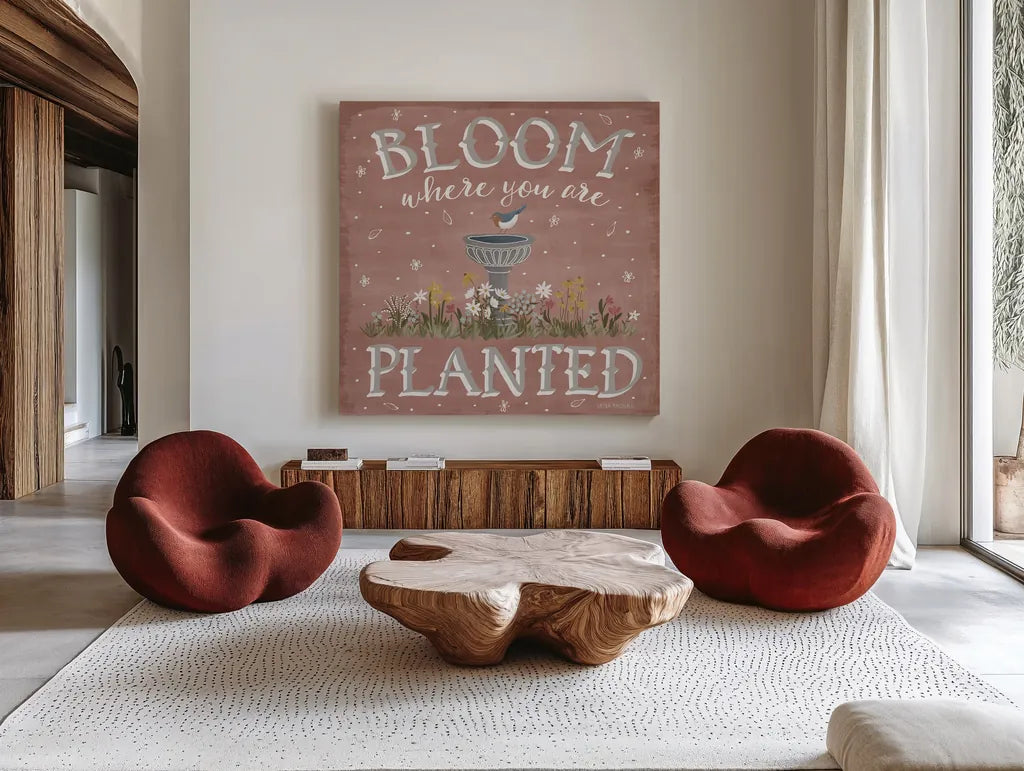 Blooming Garden VII by Laura Marshall. Shown as extra-large giant wall art in a modern living room. Available as an archival giclee rolled canvas, fine art paper, or poster print. SKU 32075a.