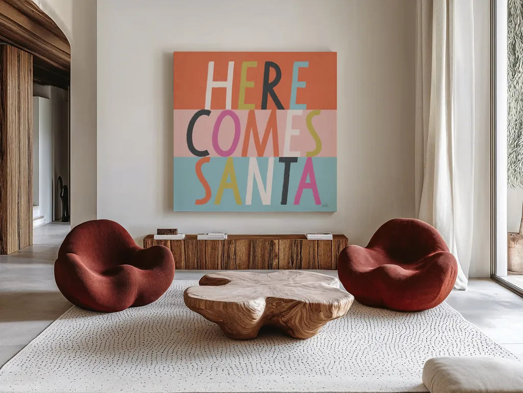 Bright Christmas Wishes III by Laura Marshall. Shown as extra-large giant wall art in a modern living room. Available as an archival giclee rolled canvas, fine art paper, or poster print. SKU 65939a.