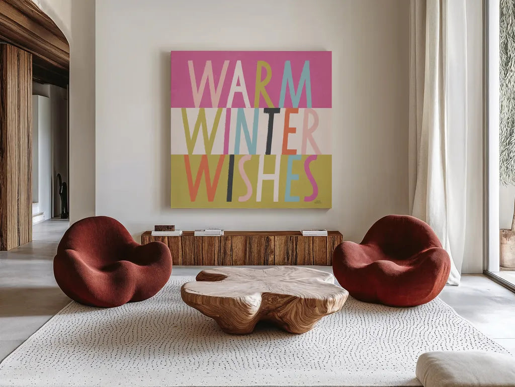 Bright Christmas Wishes IV by Laura Marshall. Shown as extra-large giant wall art in a modern living room. Available as an archival giclee rolled canvas, fine art paper, or poster print. SKU 65940a.