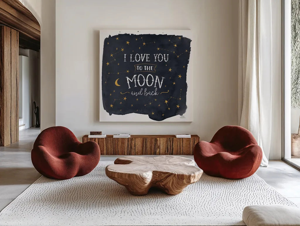 Celestial Love I Sq by Laura Marshall. Shown as extra-large giant wall art in a modern living room. Available as an archival giclee rolled canvas, fine art paper, or poster print. SKU 55619a.