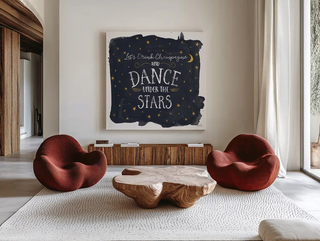 Celestial Love III Sq by Laura Marshall. Shown as extra-large giant wall art in a modern living room. Available as an archival giclee rolled canvas, fine art paper, or poster print. SKU 55621a.