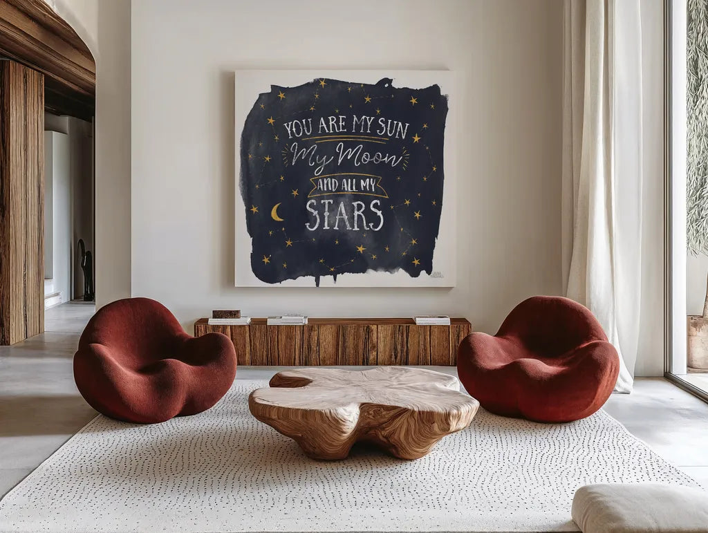 Celestial Love IV Sq by Laura Marshall. Shown as extra-large giant wall art in a modern living room. Available as an archival giclee rolled canvas, fine art paper, or poster print. SKU 55622a.