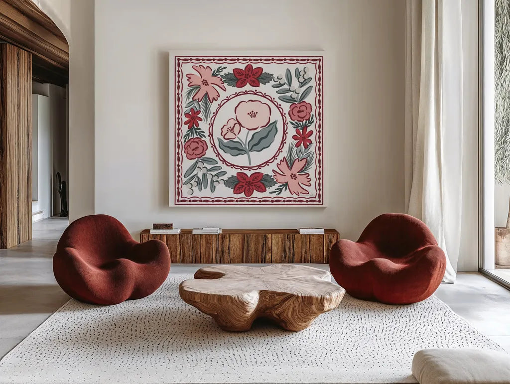 Christmas Reverie II by Laura Marshall. Shown as extra-large giant wall art in a modern living room. Available as an archival giclee rolled canvas, fine art paper, or poster print. SKU 99619a.