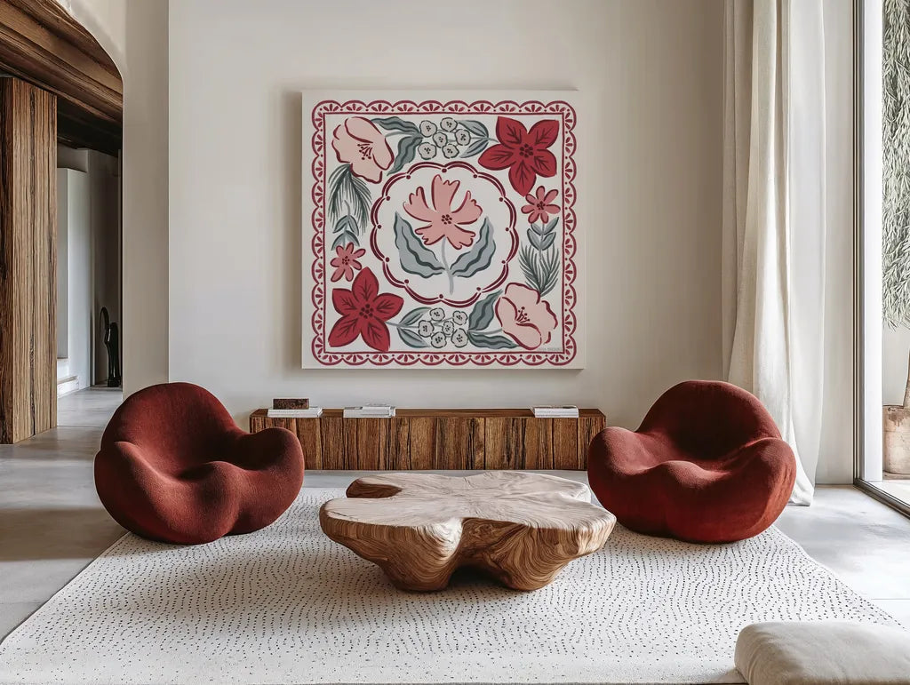 Christmas Reverie IV by Laura Marshall. Shown as extra-large giant wall art in a modern living room. Available as an archival giclee rolled canvas, fine art paper, or poster print. SKU 99621a.