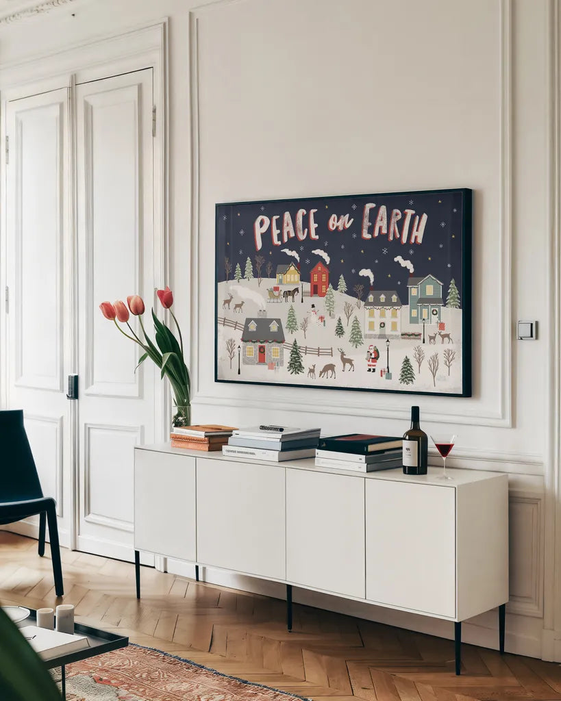 Christmas Village II by Laura Marshall. shown as a framed stretched canvas in a living room above a console. Available as a archival giclee rolled canvas, fine art paper, or poster print. SKU 48501i.