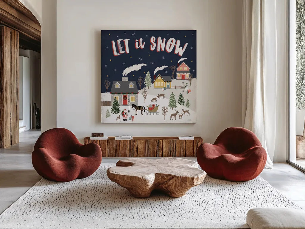 Christmas Village IV by Laura Marshall. Shown as extra-large giant wall art in a modern living room. Available as an archival giclee rolled canvas, fine art paper, or poster print. SKU 48503a.