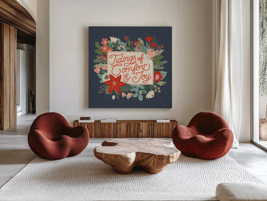 Christmas Wishes V by Laura Marshall. Shown as extra-large giant wall art in a modern living room. Available as an archival giclee rolled canvas, fine art paper, or poster print. SKU 66387a.