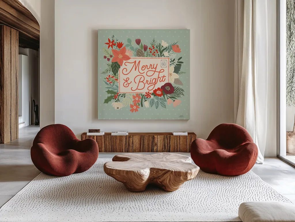 Christmas Wishes VI by Laura Marshall. Shown as extra-large giant wall art in a modern living room. Available as an archival giclee rolled canvas, fine art paper, or poster print. SKU 66388a.
