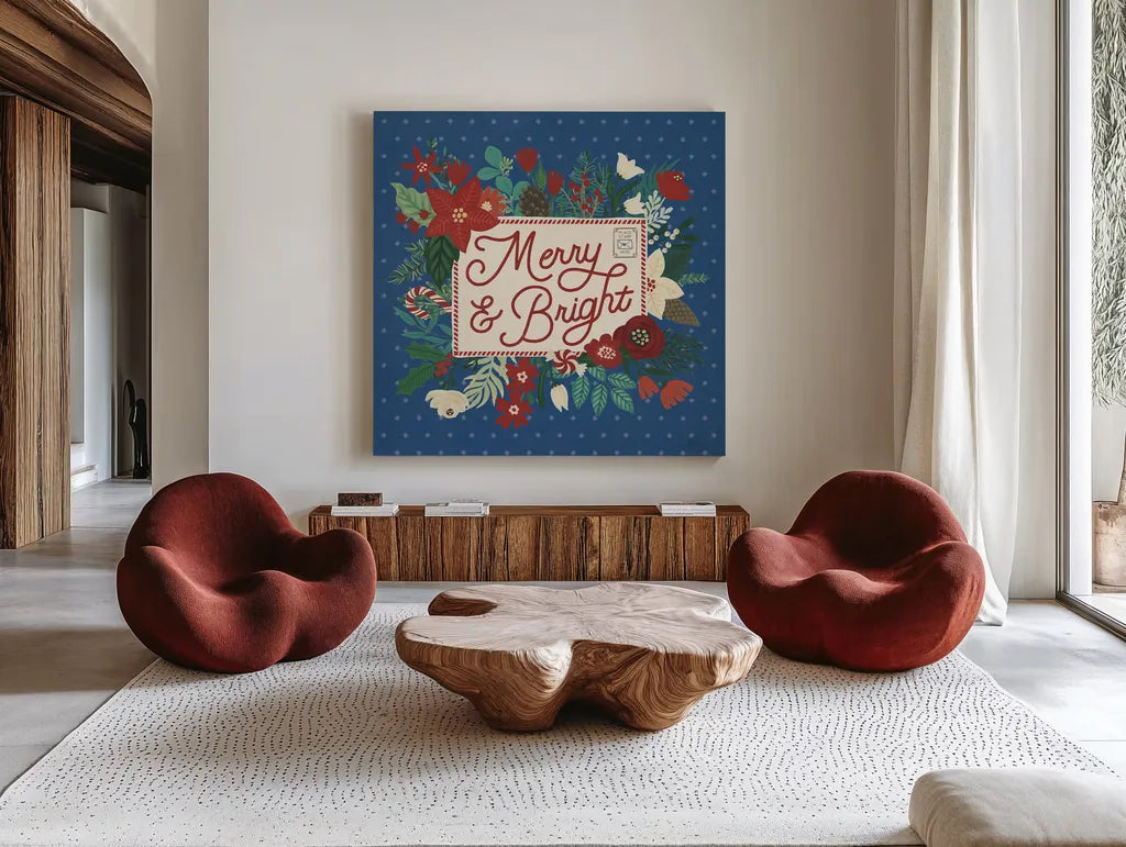 Christmas Wishes VI Dark by Laura Marshall. Shown as extra-large giant wall art in a modern living room. Available as an archival giclee rolled canvas, fine art paper, or poster print. SKU 67522a.