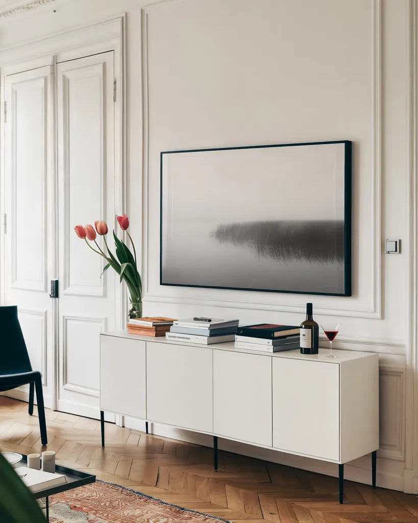 Clyde River by Laura Marshall. shown as a framed stretched canvas in a living room above a console. Available as a archival giclee rolled canvas, fine art paper, or poster print. SKU 64397i.