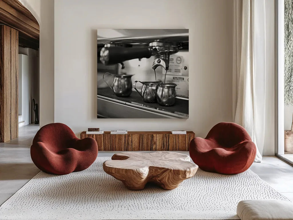 Coffeehouse II Crop by Laura Marshall. Shown as extra-large giant wall art in a modern living room. Available as an archival giclee rolled canvas, fine art paper, or poster print. SKU 16598a.