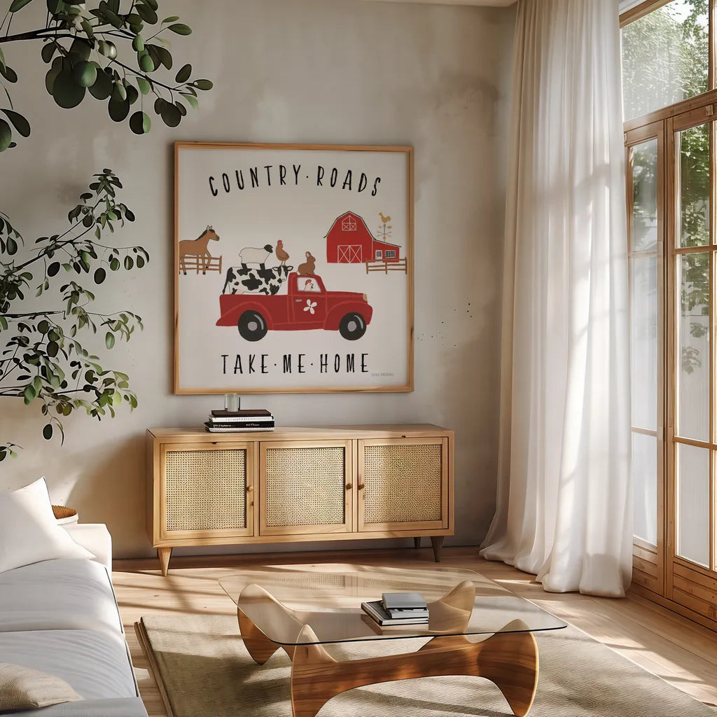 Country Roads III v2 by Laura Marshall. Shown in a natural wood frame in a cozy modern living room. Available as an archival giclee rolled canvas, fine art paper, or poster print. SKU 101778a.