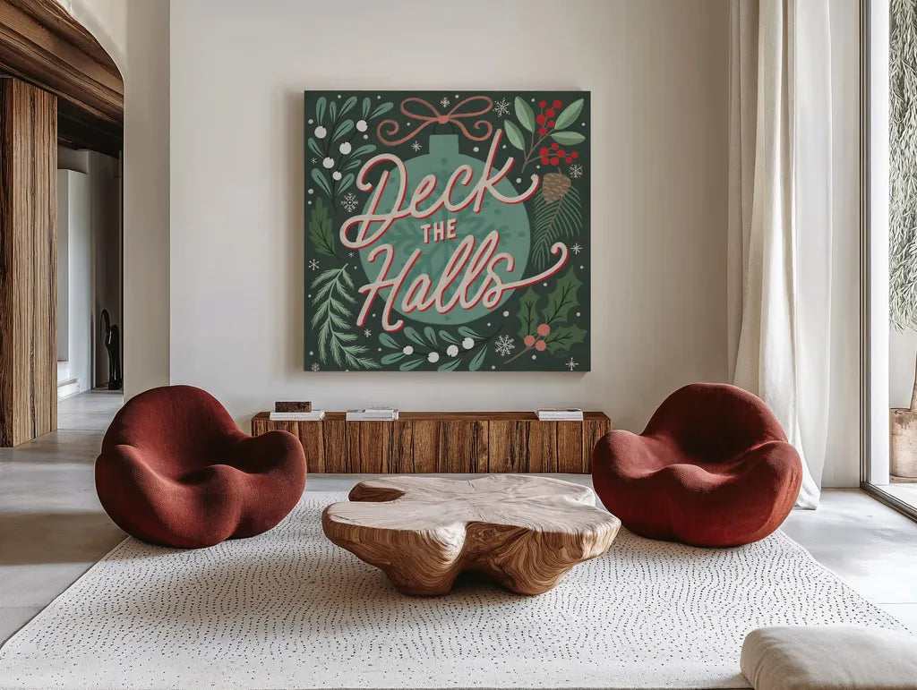 Cozy Christmas II by Laura Marshall. Shown as extra-large giant wall art in a modern living room. Available as an archival giclee rolled canvas, fine art paper, or poster print. SKU 88767a.