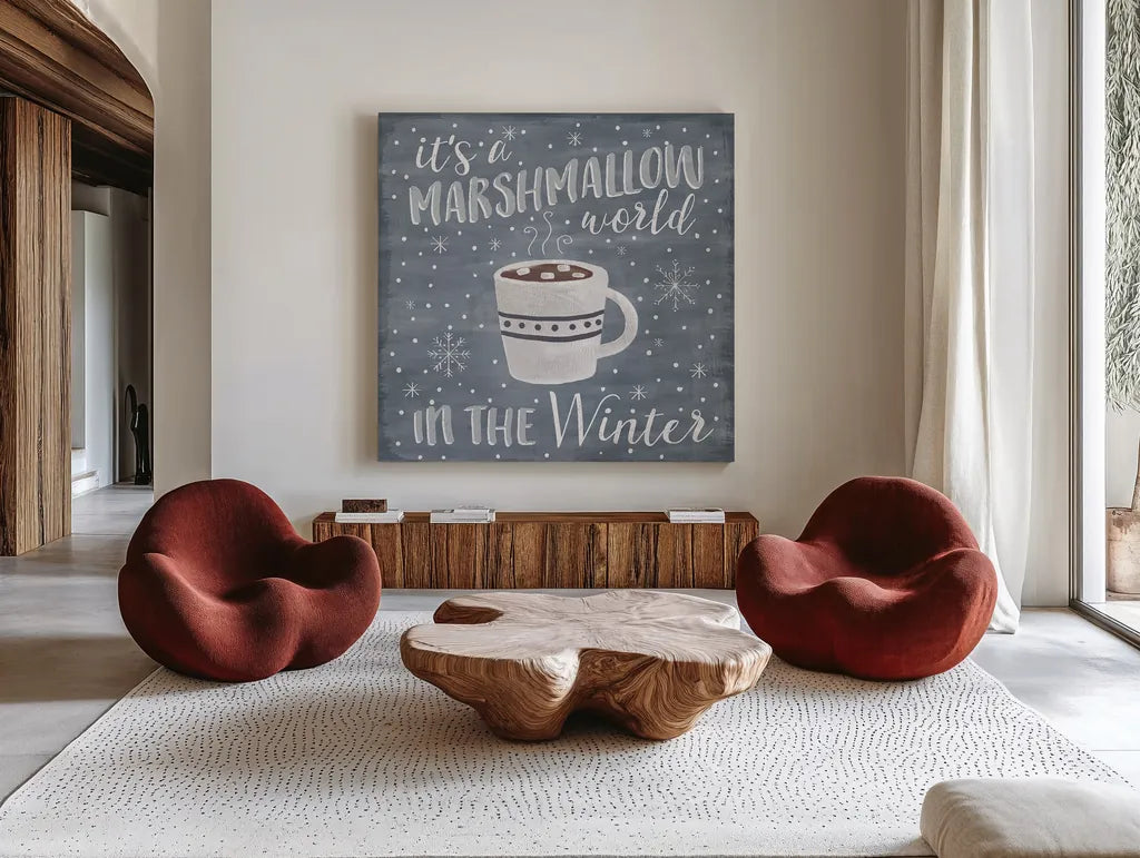 Cozy Winter VII by Laura Marshall. Shown as extra-large giant wall art in a modern living room. Available as an archival giclee rolled canvas, fine art paper, or poster print. SKU 30704a.