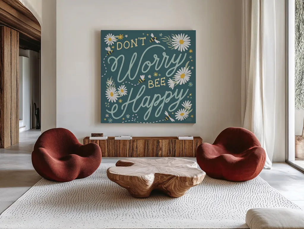 Daisy Garden II by Laura Marshall. Shown as extra-large giant wall art in a modern living room. Available as an archival giclee rolled canvas, fine art paper, or poster print. SKU 80454a.
