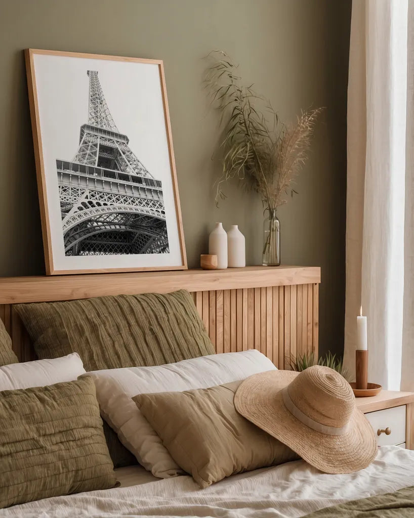 Eiffel up Close by Laura Marshall. shown as a paper print in a natural frame. Available as a archival giclee rolled canvas, fine art paper, or poster print. SKU 25888h.