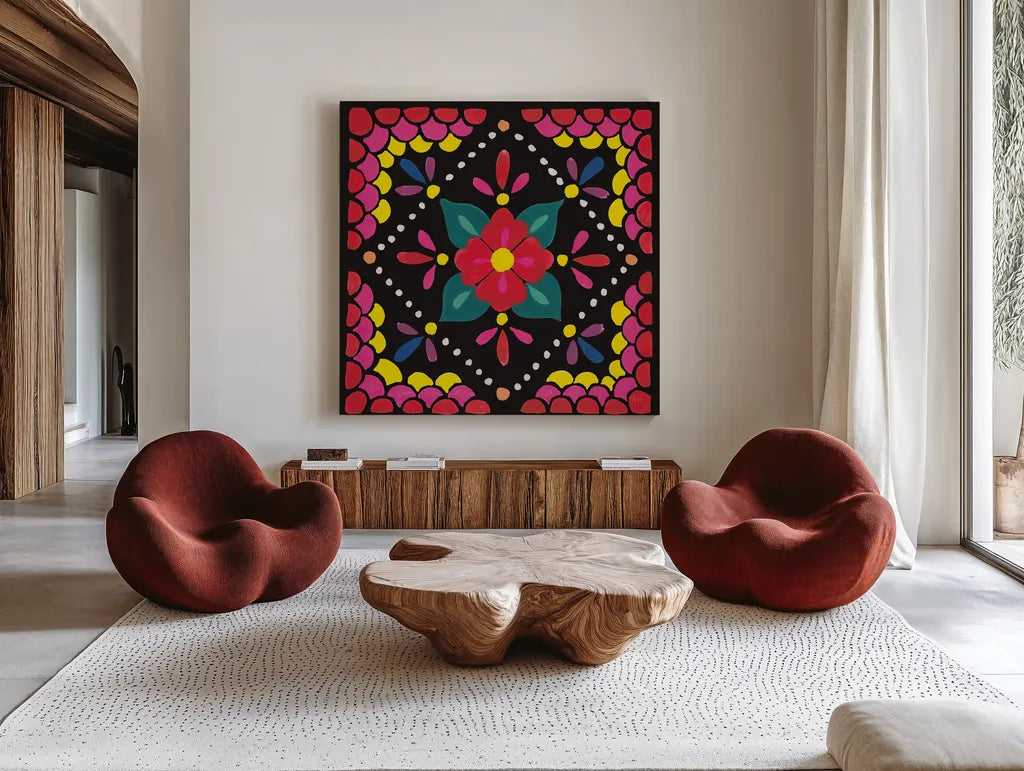 Floral Fiesta Tile IV by Laura Marshall. Shown as extra-large giant wall art in a modern living room. Available as an archival giclee rolled canvas, fine art paper, or poster print. SKU 41506a.