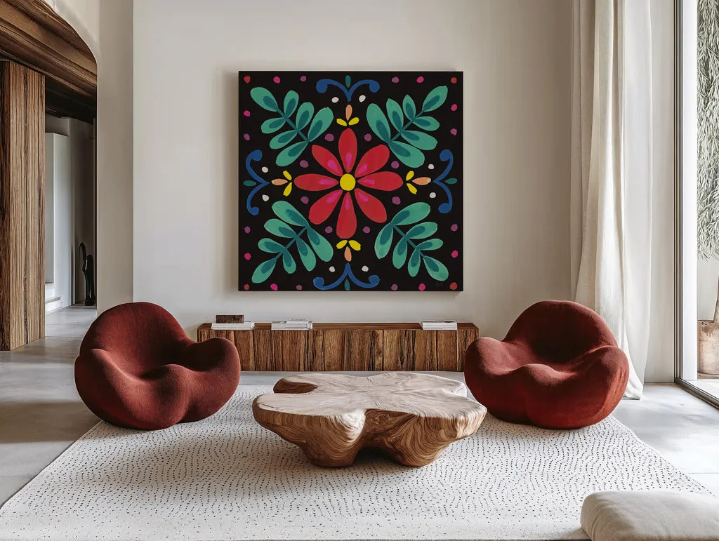 Floral Fiesta Tile VI by Laura Marshall. Shown as extra-large giant wall art in a modern living room. Available as an archival giclee rolled canvas, fine art paper, or poster print. SKU 41508a.