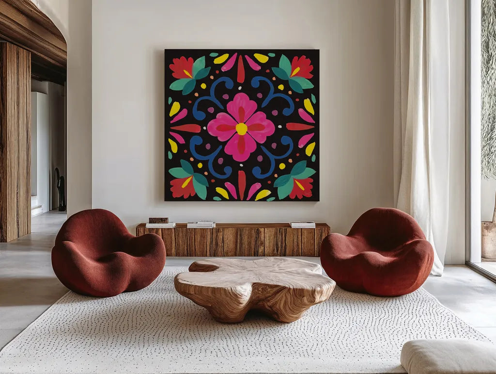 Floral Fiesta Tile VII by Laura Marshall. Shown as extra-large giant wall art in a modern living room. Available as an archival giclee rolled canvas, fine art paper, or poster print. SKU 41509a.