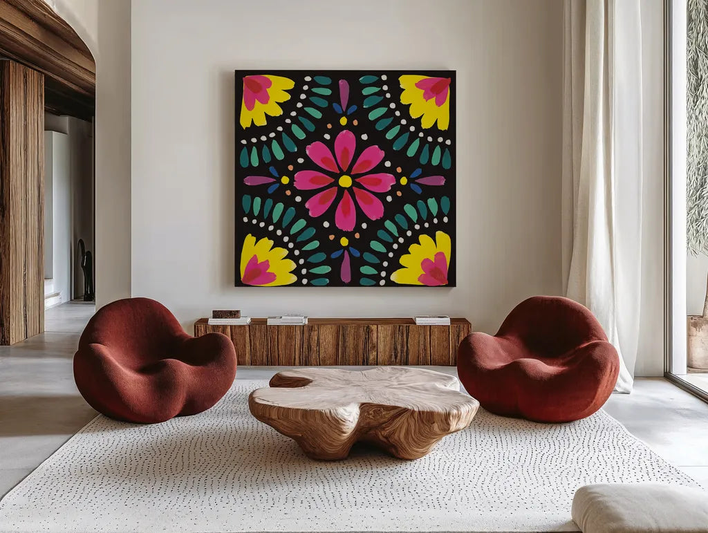 Floral Fiesta Tile X by Laura Marshall. Shown as extra-large giant wall art in a modern living room. Available as an archival giclee rolled canvas, fine art paper, or poster print. SKU 41512a.