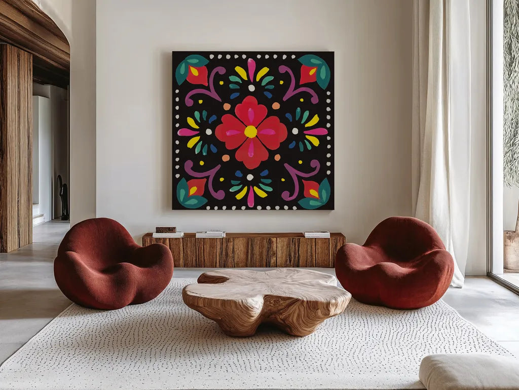 Floral Fiesta Tile XII by Laura Marshall. Shown as extra-large giant wall art in a modern living room. Available as an archival giclee rolled canvas, fine art paper, or poster print. SKU 41514a.