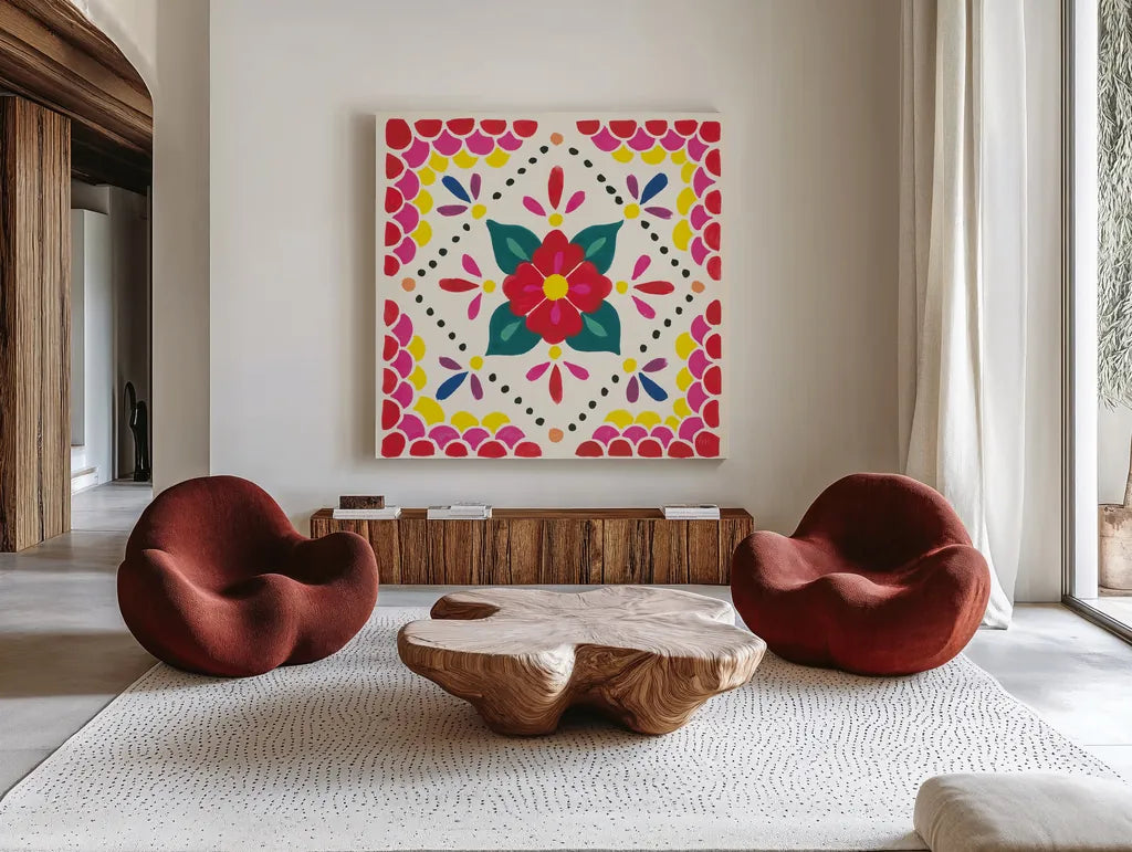 Floral Fiesta White Tile IV by Laura Marshall. Shown as extra-large giant wall art in a modern living room. Available as an archival giclee rolled canvas, fine art paper, or poster print. SKU 41523a.