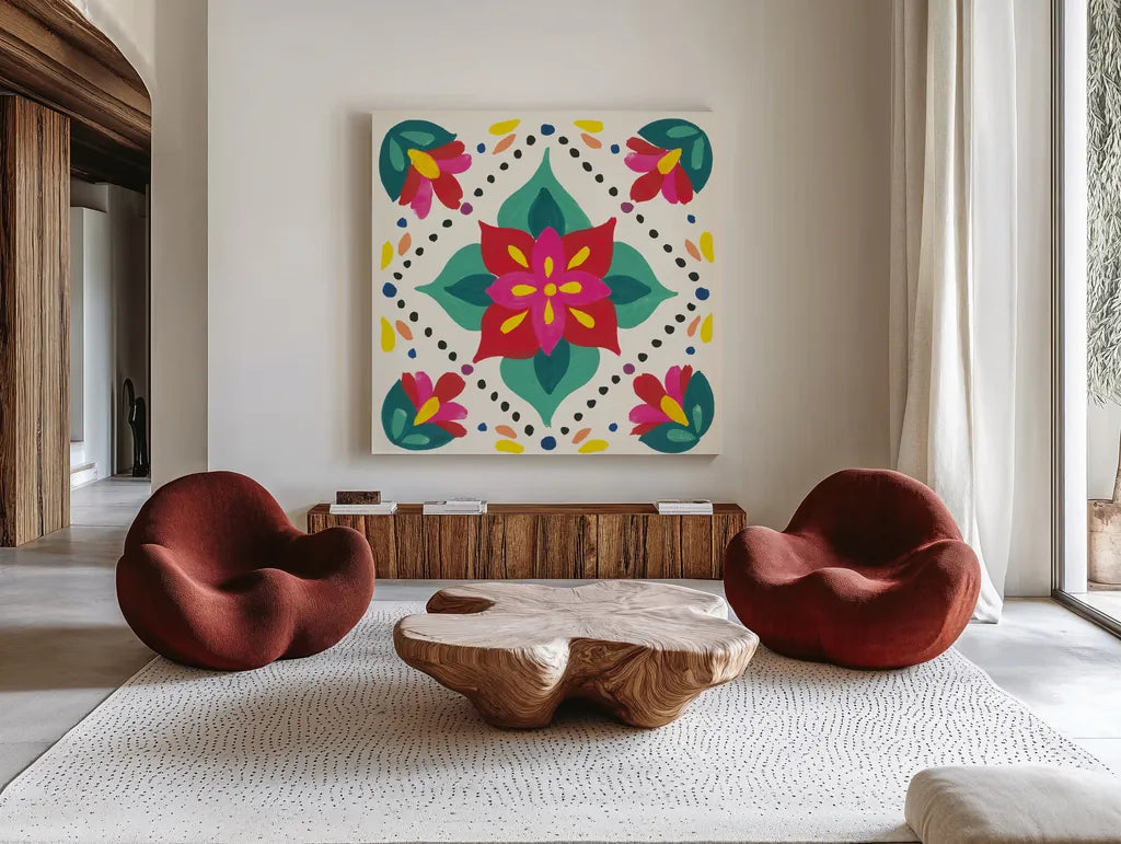 Floral Fiesta White Tile XI by Laura Marshall. Shown as extra-large giant wall art in a modern living room. Available as an archival giclee rolled canvas, fine art paper, or poster print. SKU 41530a.