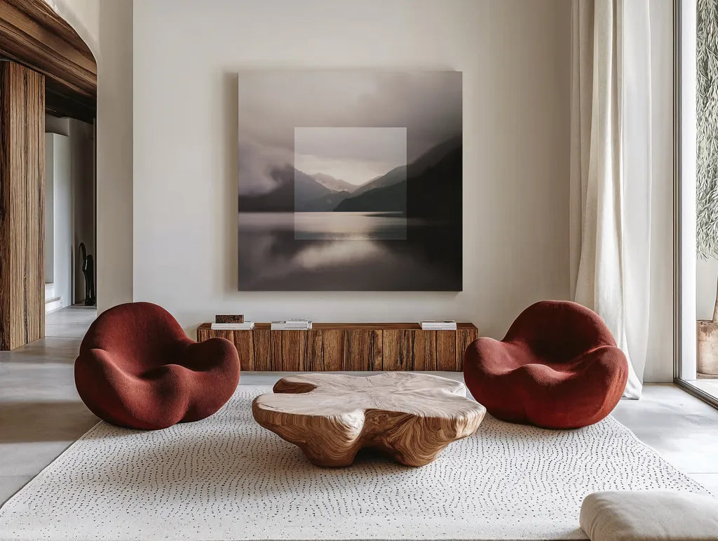 Framed Landscape II by Laura Marshall. Shown as extra-large giant wall art in a modern living room. Available as an archival giclee rolled canvas, fine art paper, or poster print. SKU 25135a.