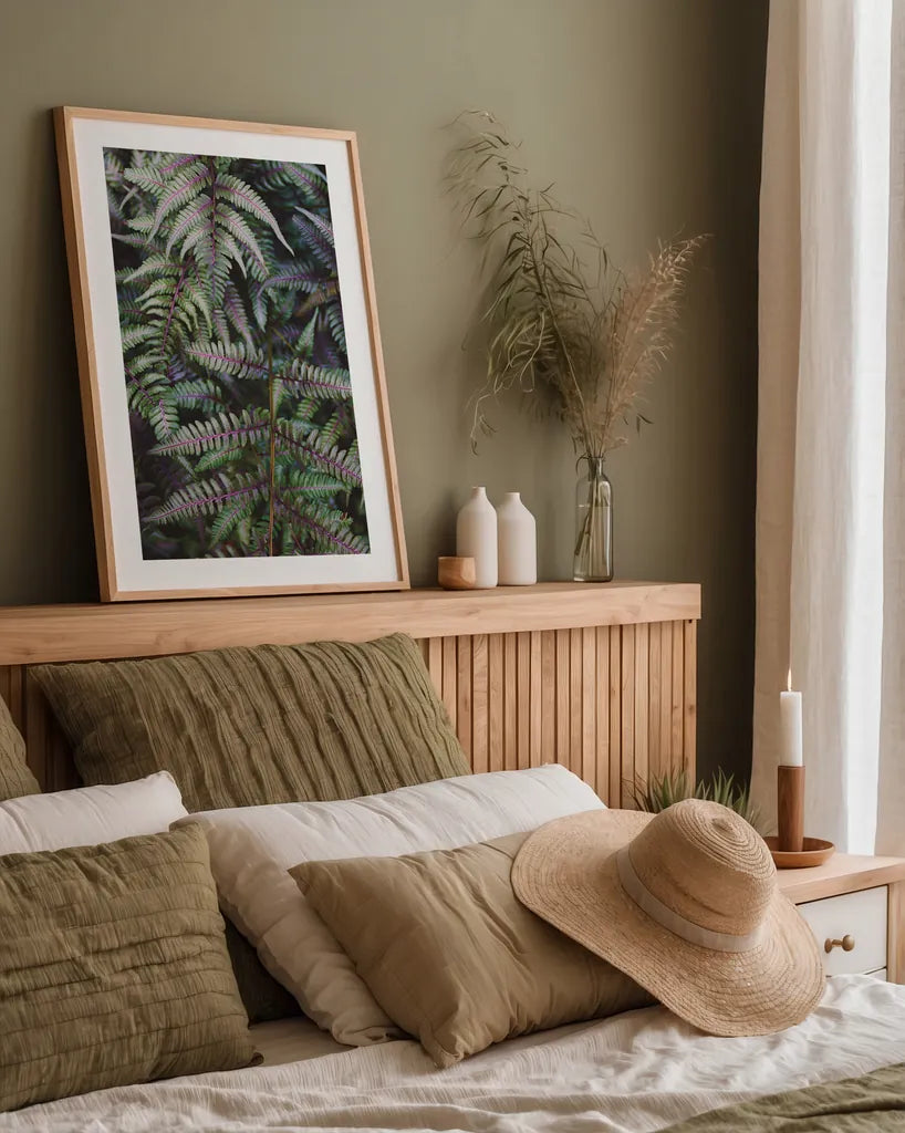 Funky Ferns I by Laura Marshall. shown as a paper print in a natural frame. Available as a archival giclee rolled canvas, fine art paper, or poster print. SKU 39645h.