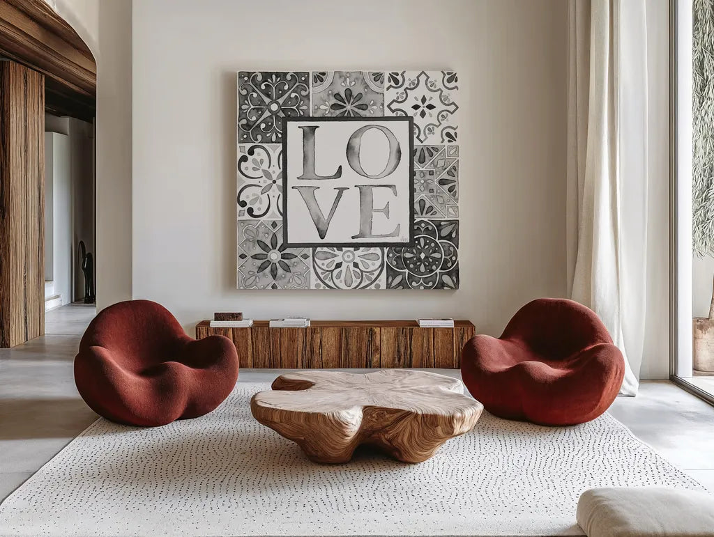 Garden Getaway Patchwork I Love BW by Laura Marshall. Shown as extra-large giant wall art in a modern living room. Available as an archival giclee rolled canvas, fine art paper, or poster print. SKU 34568a.
