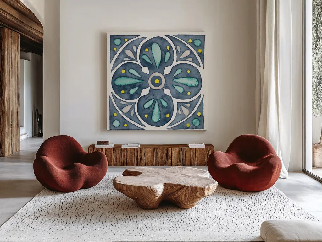 Garden Getaway Tile VI Blue by Laura Marshall. Shown as extra-large giant wall art in a modern living room. Available as an archival giclee rolled canvas, fine art paper, or poster print. SKU 34458a.