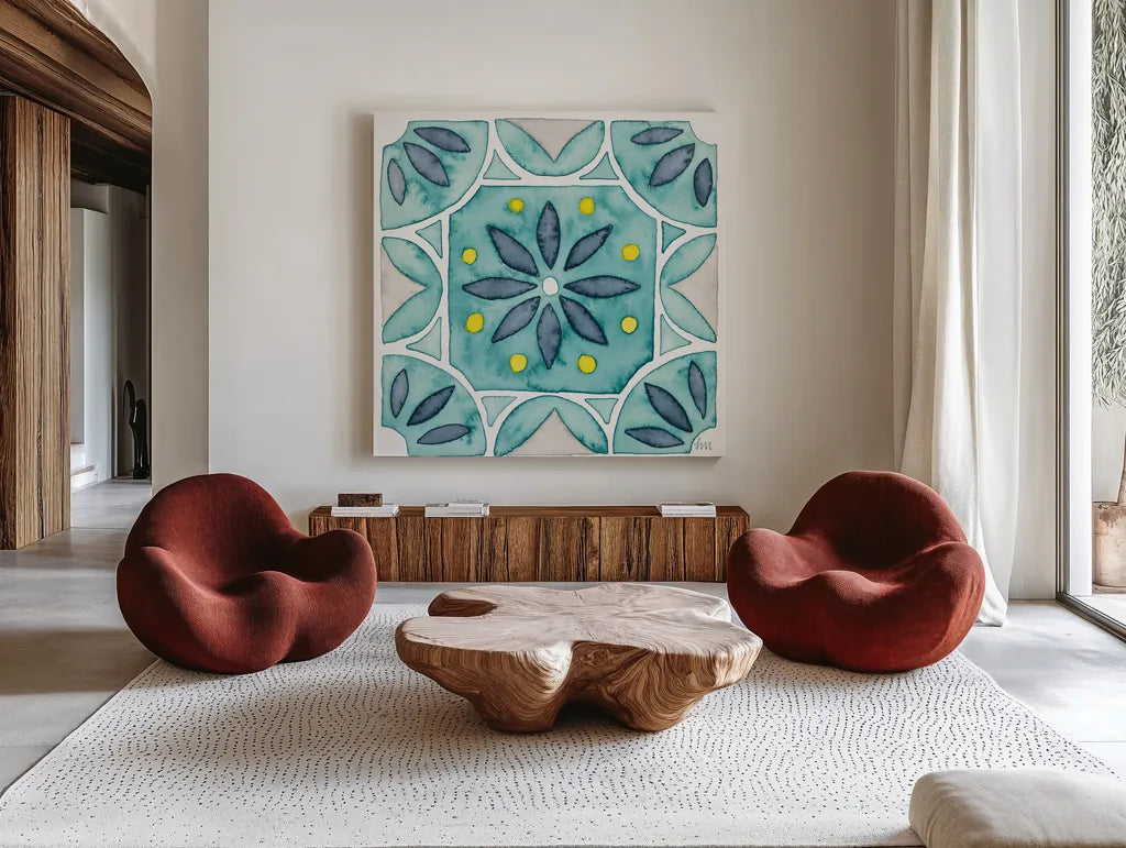 Garden Getaway Tile VIII Teal by Laura Marshall. Shown as extra-large giant wall art in a modern living room. Available as an archival giclee rolled canvas, fine art paper, or poster print. SKU 34469a.