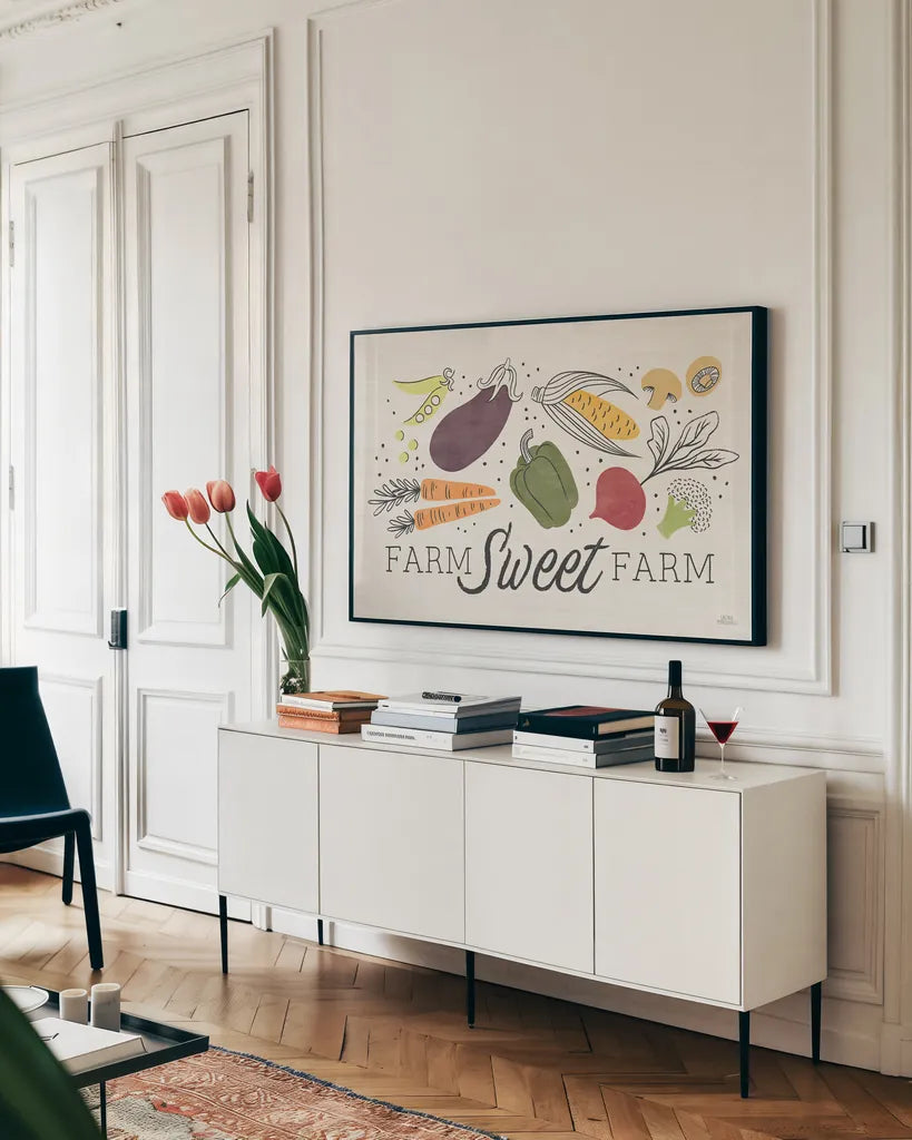 Garden Goodies I Cream by Laura Marshall. shown as a framed stretched canvas in a living room above a console. Available as a archival giclee rolled canvas, fine art paper, or poster print. SKU 77191i.