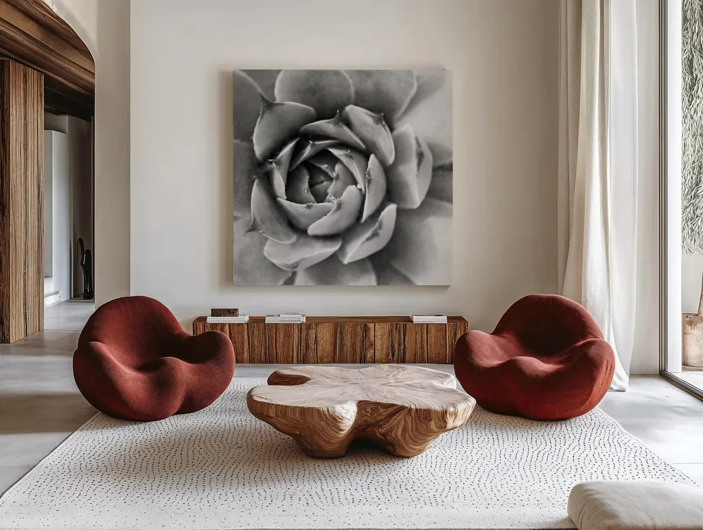 Garden Succulent II by Laura Marshall. Shown as extra-large giant wall art in a modern living room. Available as an archival giclee rolled canvas, fine art paper, or poster print. SKU 20825a.