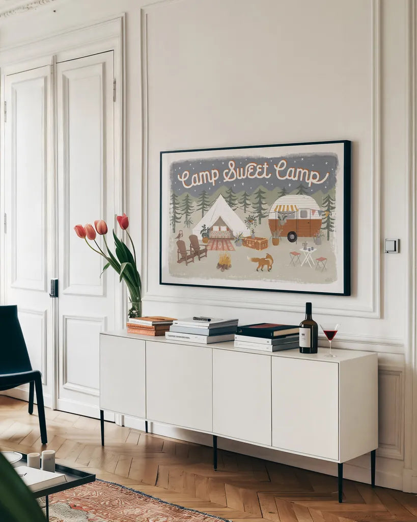Gone Glamping I by Laura Marshall. shown as a framed stretched canvas in a living room above a console. Available as a archival giclee rolled canvas, fine art paper, or poster print. SKU 53604i.
