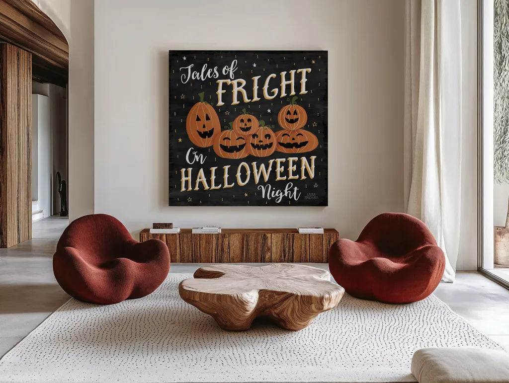 Haunted Halloween VII by Laura Marshall. Shown as extra-large giant wall art in a modern living room. Available as an archival giclee rolled canvas, fine art paper, or poster print. SKU 32558a.