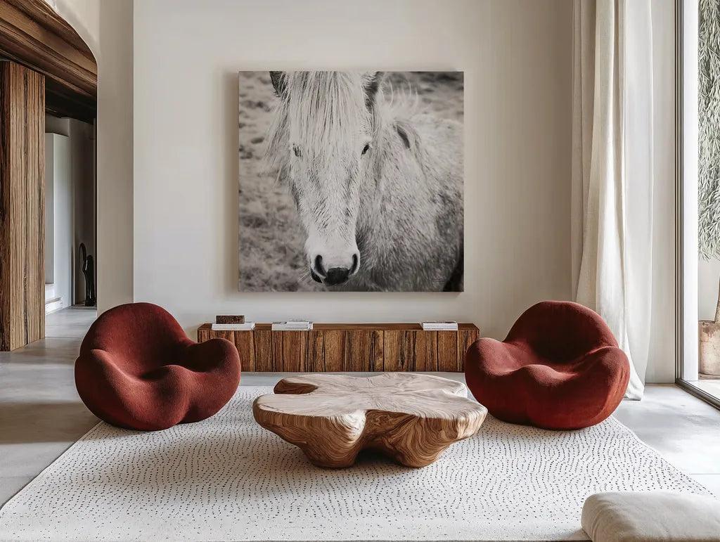 Heida IV BW by Laura Marshall. Shown as extra-large giant wall art in a modern living room. Available as an archival giclee rolled canvas, fine art paper, or poster print. SKU 49829a.